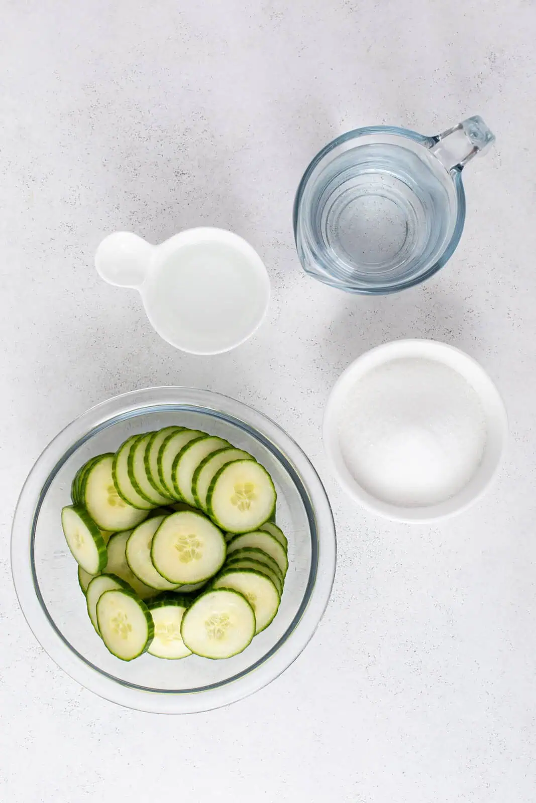 Pickled cucumber ingredients arranged on a countertop.