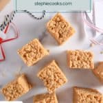 Close up of sliced peanut butter rice krispie bars on a marble countertop. Text overlay includes recipe name.