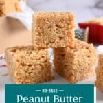 Three stacked peanut butter rice krispie bars on a marble countertop, with a box of bars in the background. Text overlay includes recipe name.