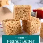 Three stacked peanut butter rice krispie bars on a marble countertop, with a box of bars in the background. Text overlay includes recipe name.