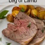 Two slices of boneless leg of lamb on a white plate next to roast potatoes. Text overlay includes recipe name.
