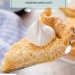 Pie server lifting up a slice of french coconut pie topped with a dollop of whipped cream. Text overlay includes recipe name.