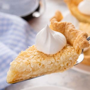 Slice of french coconut pie on a pie server.