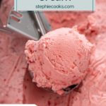 Close up of a scoop of strawberry ice cream in an ice cream scoop. Text overlay includes recipe name.