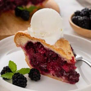Slice of blackberry pie topped with a scoop of vanilla ice cream.