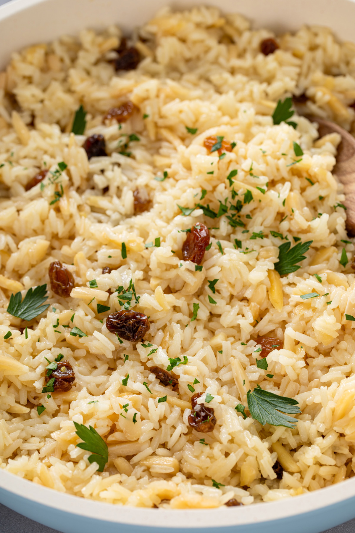 Close up of almond rice pilaf.