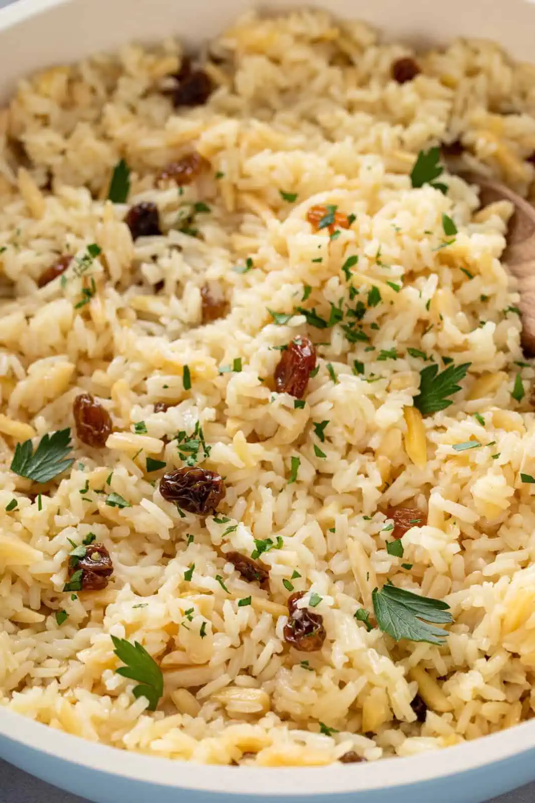 Close up of almond rice pilaf.