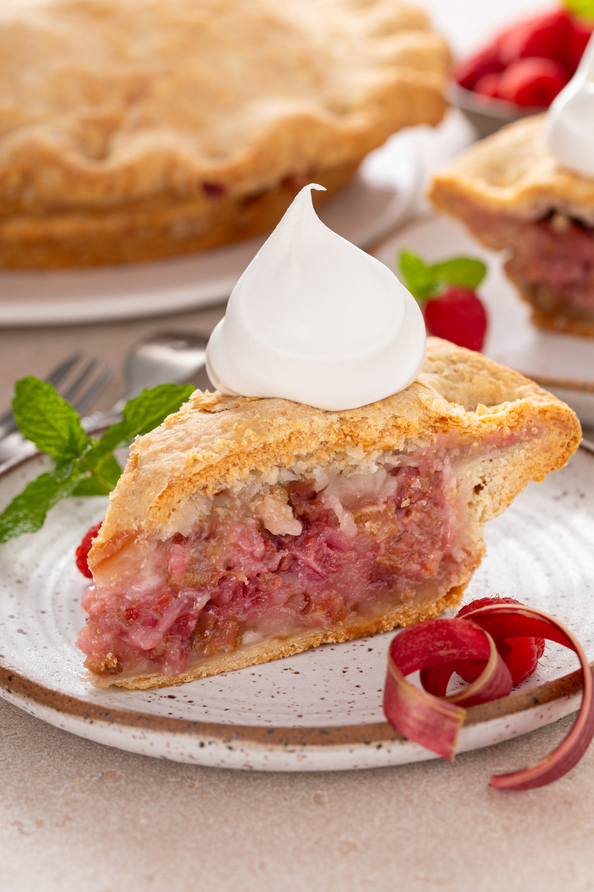 Plated slice of raspberry rhubarb pie topped with a dollop of whipped cream.