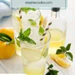 Two glasses of lemonade with a bottle of lemon syrup. Text overlay includes recipe name.