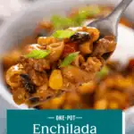 Fork holding up a bite of enchilada pasta. Text overlay includes recipe name.