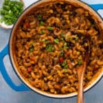 Overhead view of enchilada pasta in a blue dutch oven.