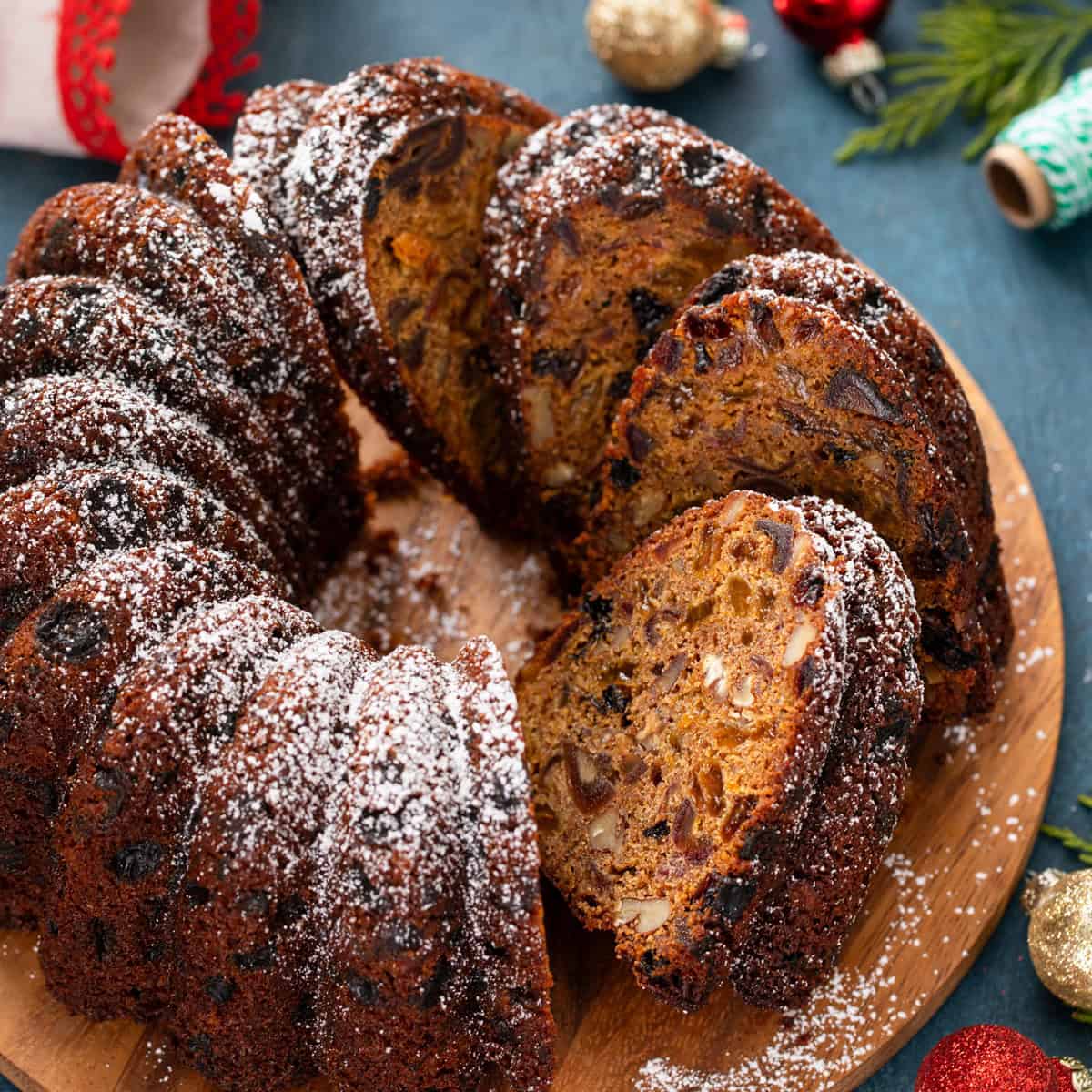 Sliced old-fashioned fruitcake.