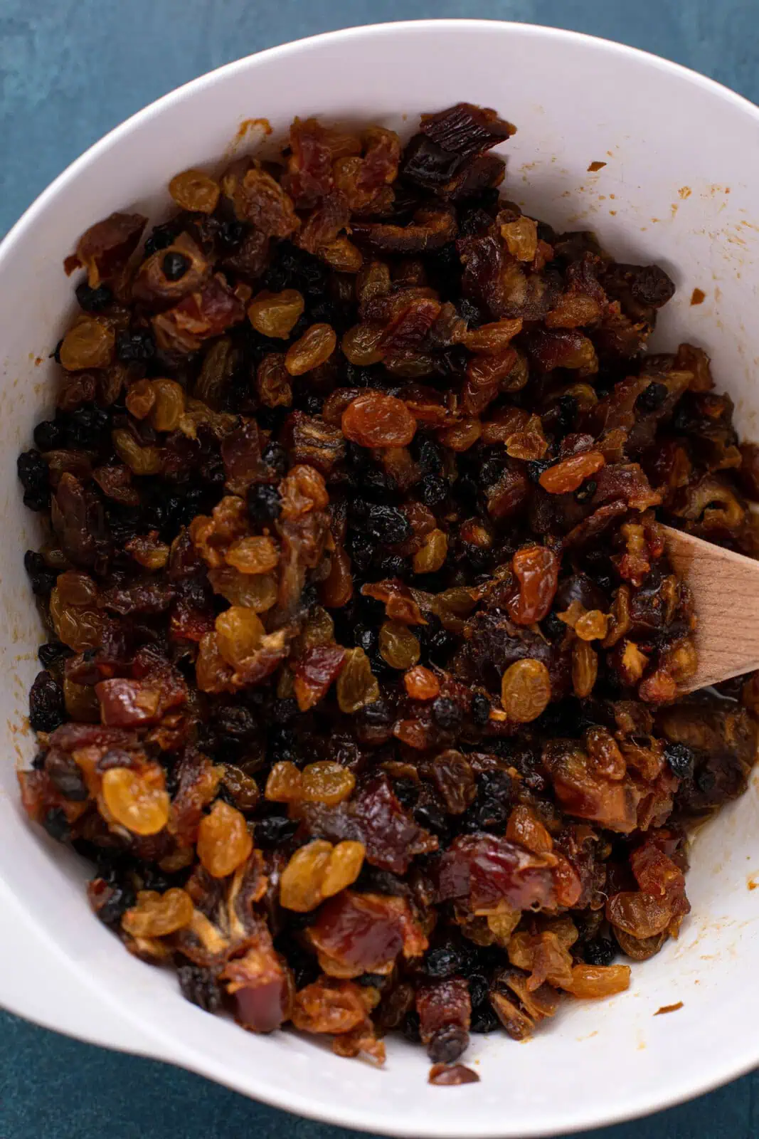 Dried fruit soaked in brandy and orange juice.