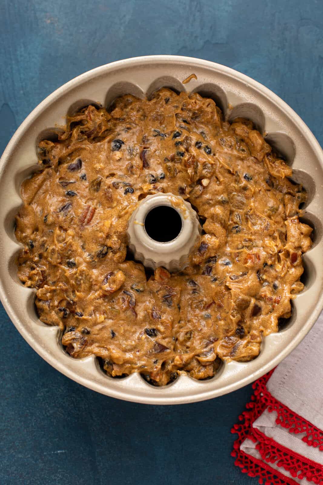 Batter for fruitcake in a bundt pan, ready to go in the oven.