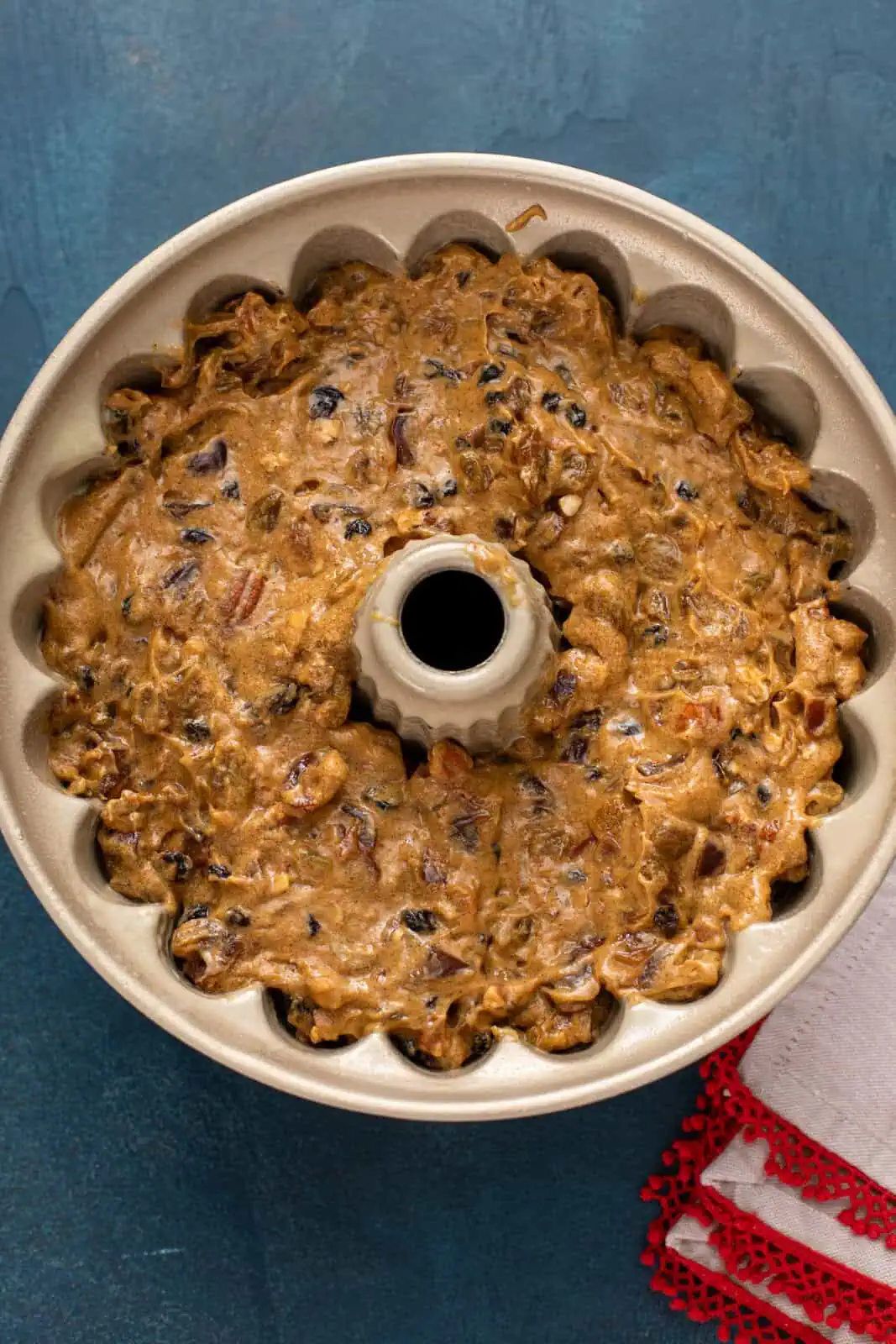 Batter for fruitcake in a bundt pan, ready to go in the oven.