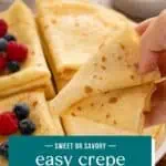 Person picking up a plate from a platter of folded crepes. Text overlay includes recipe name.