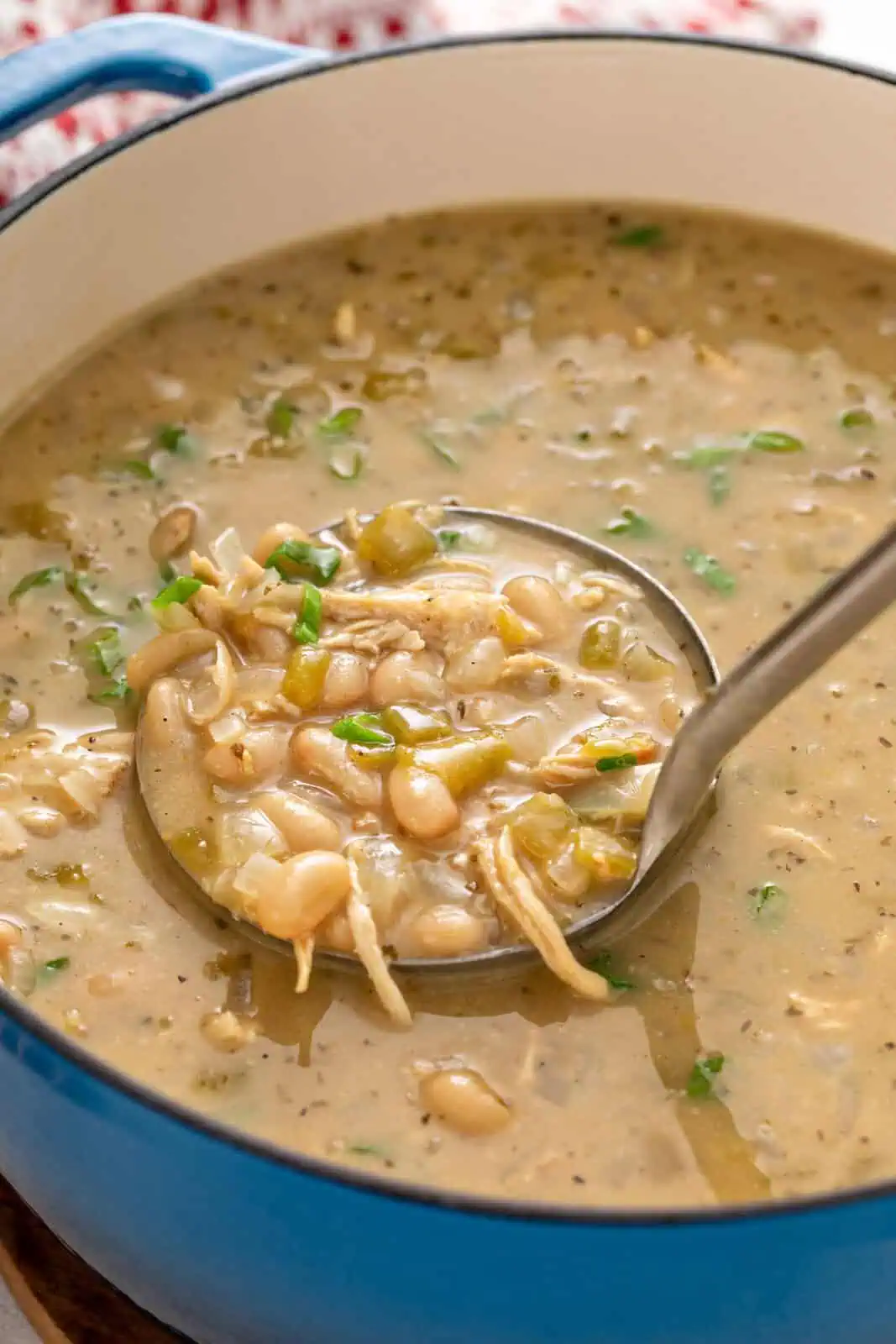 Ladle scooping up a portion of white bean chicken chili from a dutch oven.