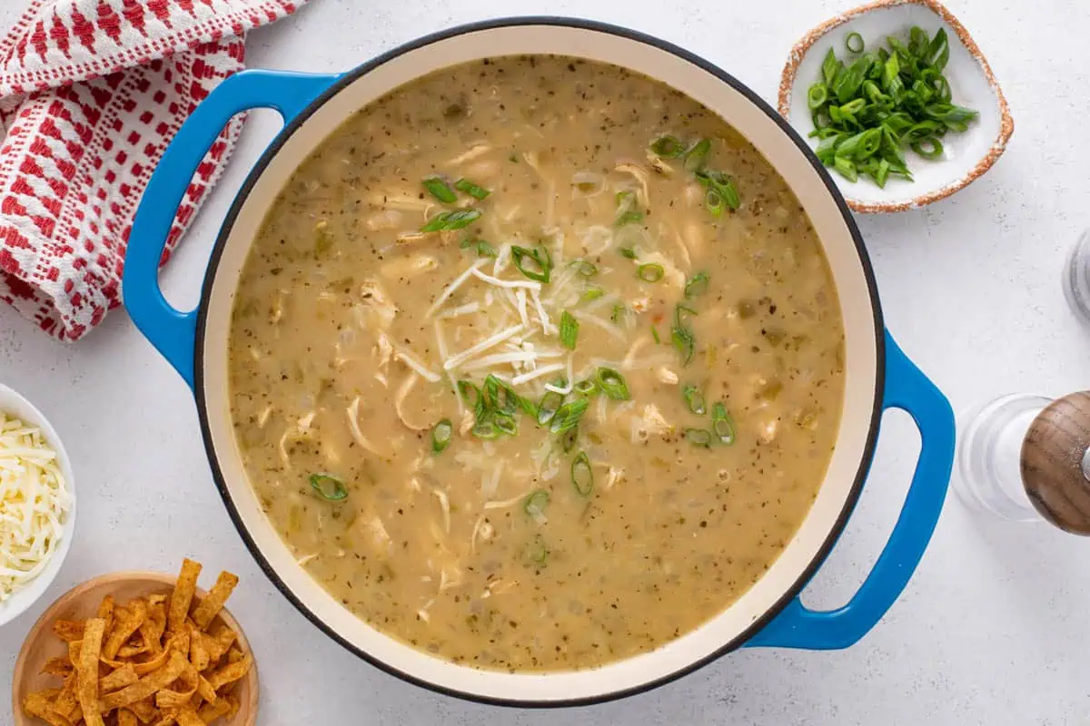 Overhead view of finished white bean chicken chili in a dutch oven.
