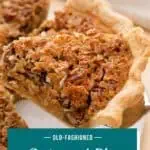 Pie server lifting up a slice of oatmeal pie. Text overlay includes recipe name.