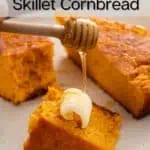 Honey being drizzled over slices of plated sweet potato cornbread. Text overlay includes recipe name.