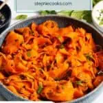 Blue ceramic serving bowl filled with shaved carrot salad. Text overlay includes recipe name.