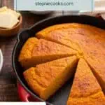 Sliced sweet potato cornbread in a cast iron skillet. Text overlay includes recipe name.