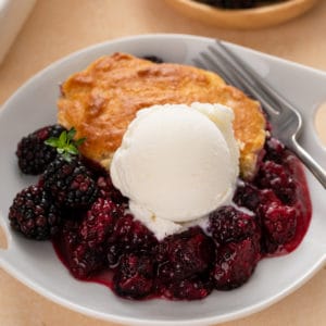 Serving of blackberry cobbler topped with ice cream in a white bowl.