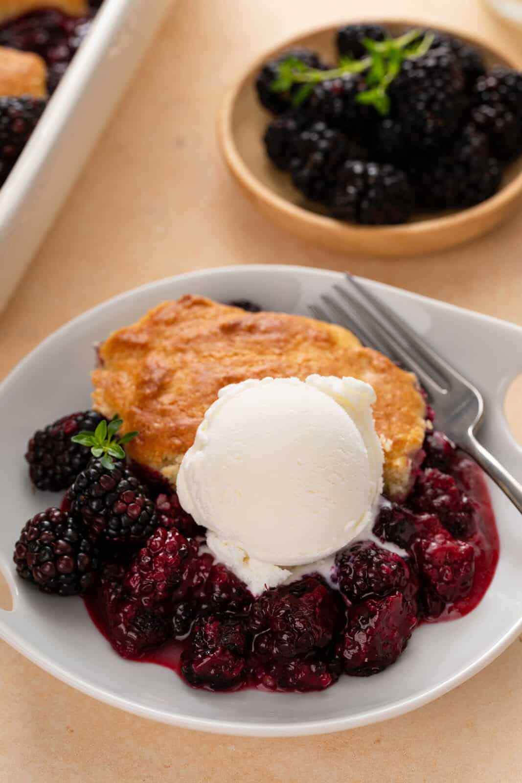 Scoop of vanilla ice cream topping a serving of blackberry cobbler in a white bowl.