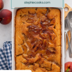 Baked old-fashioned peach cobbler cooling in a white baking dish. Text overlay includes recipe name.