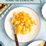 Overhead view of a serving of smoked gouda mac and cheese on a white plate. Text overlay includes recipe name.