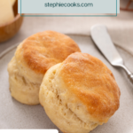 Two angel biscuits arranged on a plate. Text overlay includes recipe name.