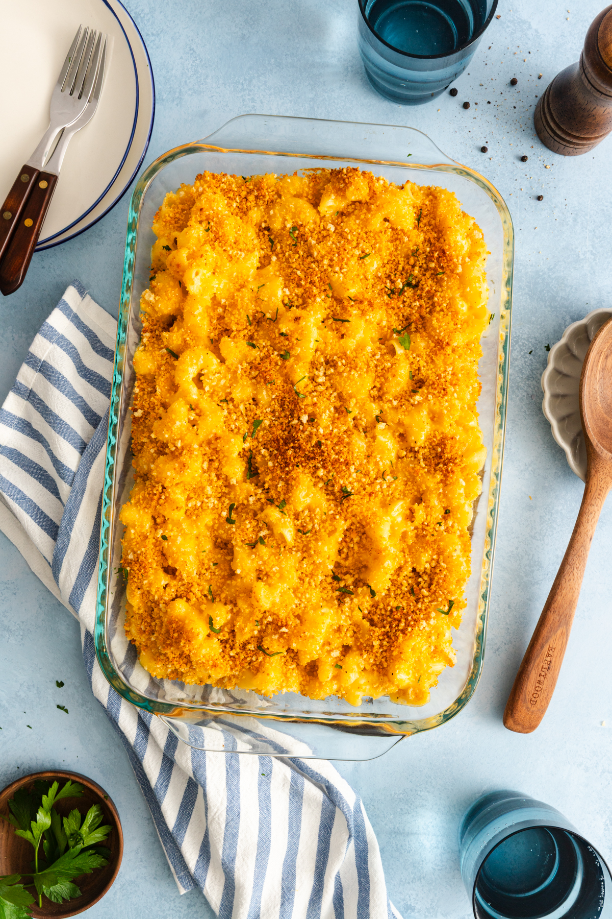 Overhead view of smoked gouda mac and cheese fresh from the oven in a casserole dish.